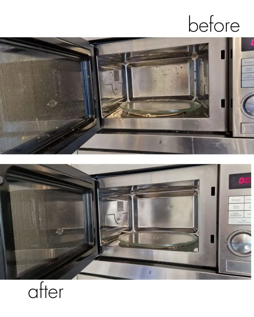 Inside of a microwave before and after a deep clean
