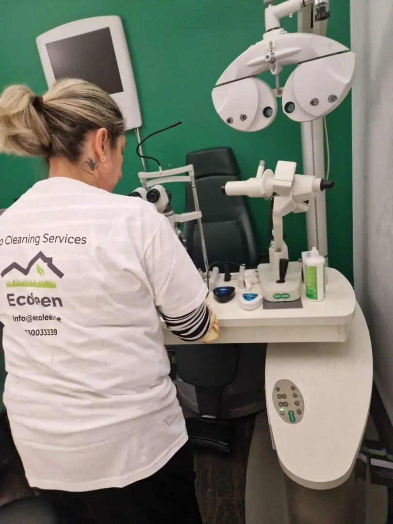An Ecoleen cleaner wiping down equipment in a Dublin clinic