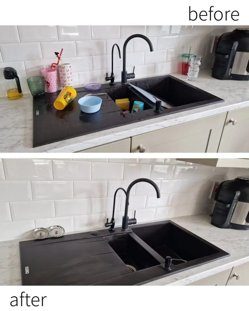 Black kitchen sink before and after a deep clean