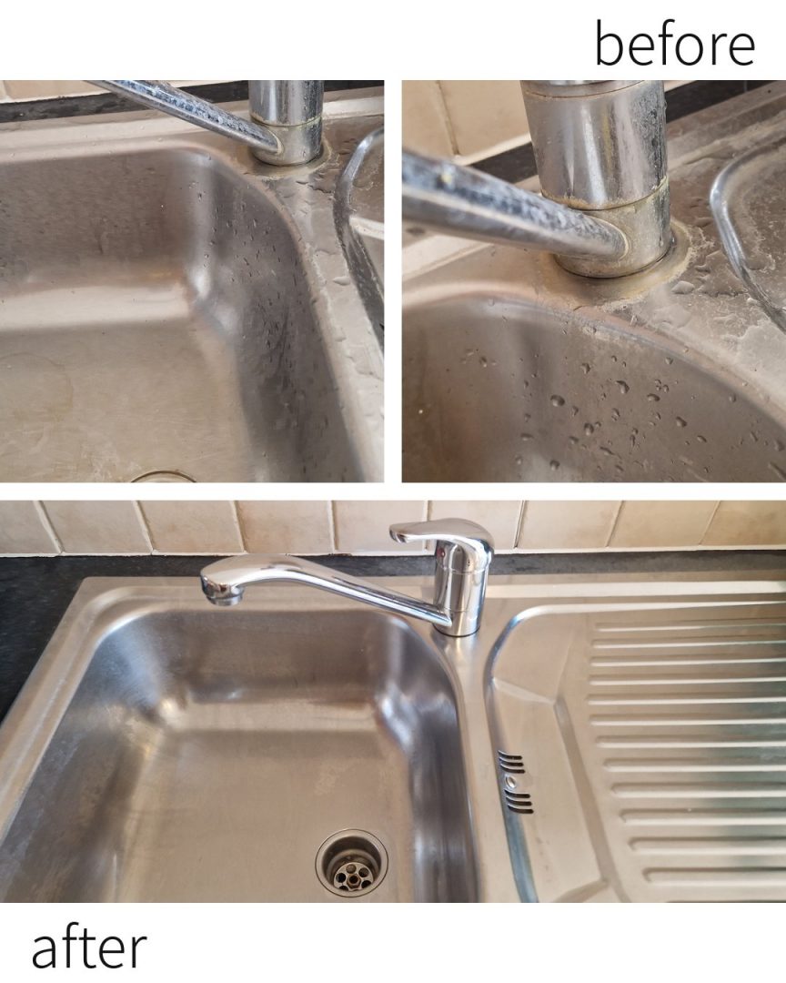 Deep cleaning Dublin: kitchen sink before and after, with limescale removed from the tap
